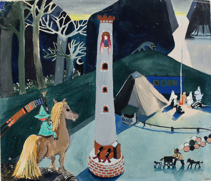 Dieses Detail aus einer frühen, undatierten Mumin-Illustration von Tove Jansson zeigt Schnupferich auf einem Pferd (links) und die Mumin-Familie um ein Lagerfeuer (rechts neben dem Zelt). Klicken Sie auf dass Bild für eine volle Darstellung.