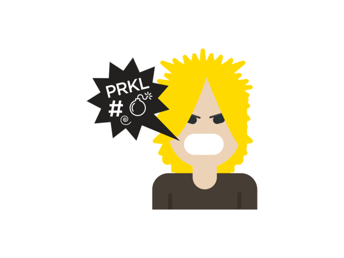An angry-looking person with shaggy blond hair and a black speech bubble filled with letter and symbols that imply a swear word.