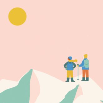 An illustration of two people standing on a mountain peak.