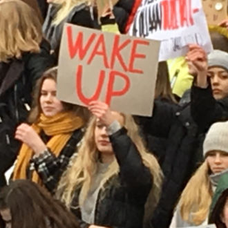 A large crowd of young people hold signs at a climate march.