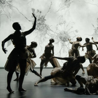 Une bonne dizaine de danseurs et danseuses prennent la pose en levant les yeux devant une toile de fond blanche sur laquelle on distingue des motifs de racines et de feuilles.