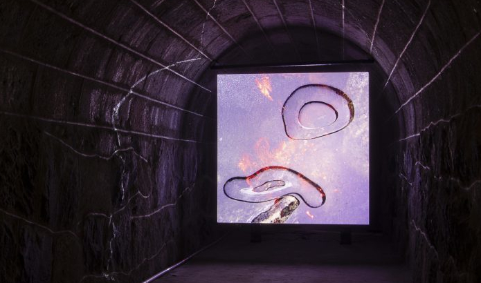 A square-shaped screen shows two pictures at the same time: the embers of a campfire and bubbles under an ice surface.