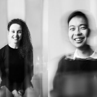 Four different portrait photos side by side show three women and one man smiling at the camera.